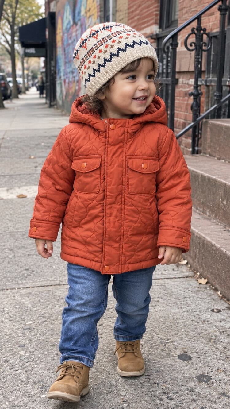 Old Navy 2T Orange Quilted Fleece Lined Hooded Coat + Gap Fair Isle Beanie